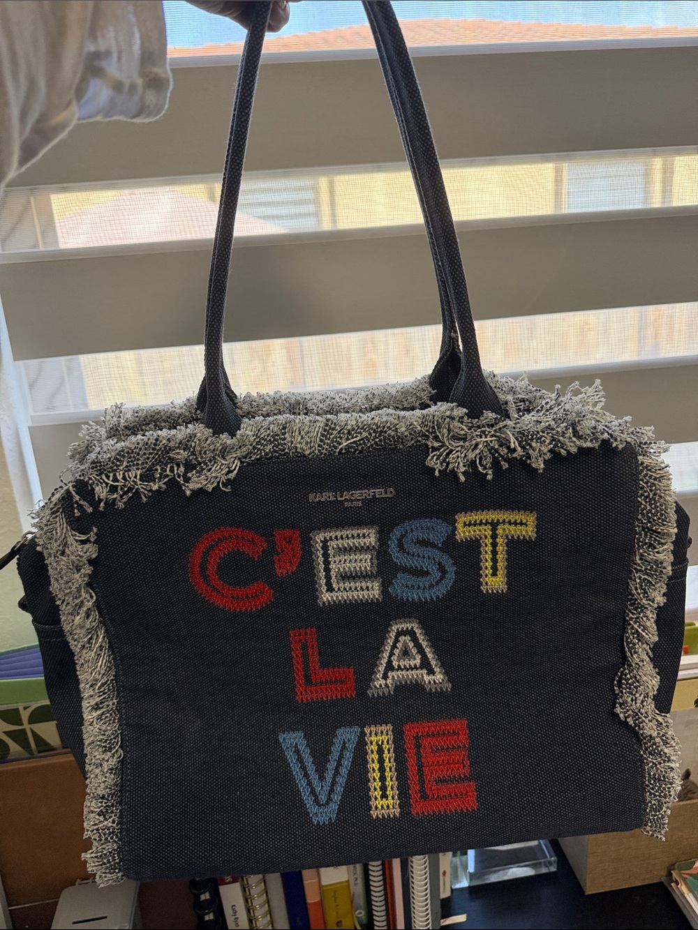 Karl Lagerfeld Navy Fringe Tote with Multicolor Embroidered 'C'EST LA VIE'